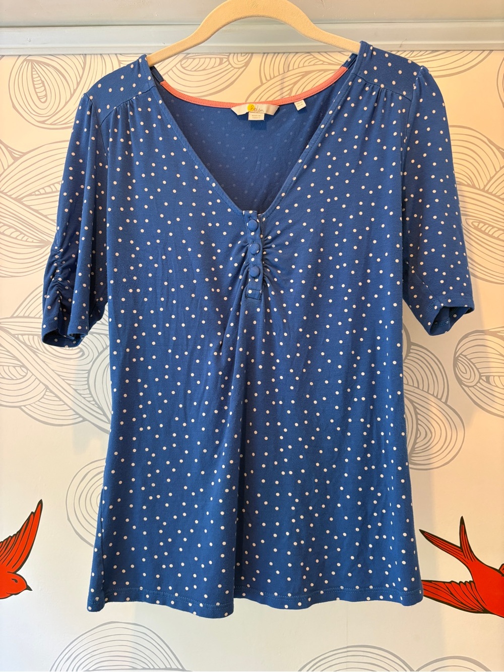 Boden Blue Polka Dot Button Front Top Ruched Sleeve Stretch Tee - US 8